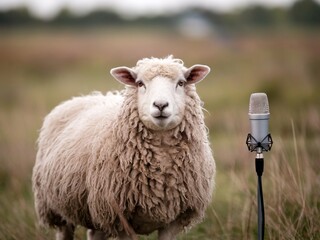 Obraz premium Fluffy sheep standing next to a microphone in a rustic pastoral setting, looking curiously at the viewer.