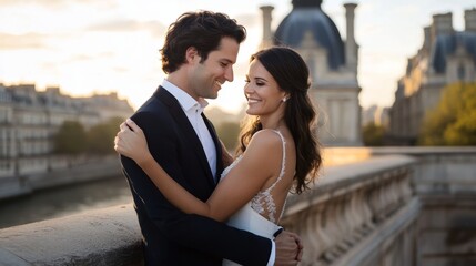 Naklejka premium Parisian Love: A Romantic Wedding Couple