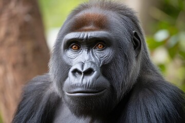 Fototapeta premium Close-up of a male gorilla with deep brown eyes and strong features capturing a moment of contemplation.