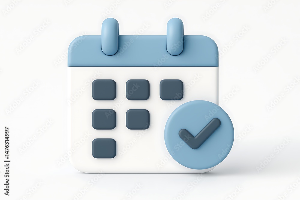 Poster 3d render of a calendar marked complete with a check mark indicating scheduled event or task