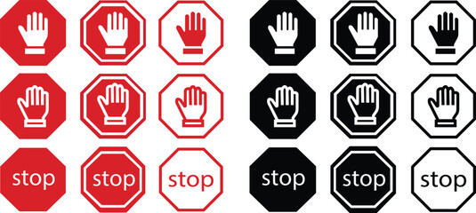 Stop signs with hand flat and outline icons set. No entry and trespassing symbols. Attention, warning, danger and safety concepts. Road sign vectors illustration isolated on transparent background.