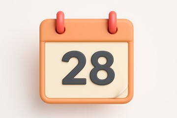 A 3d rendered calendar page displaying the date twenty-eight isolated on a clean white background