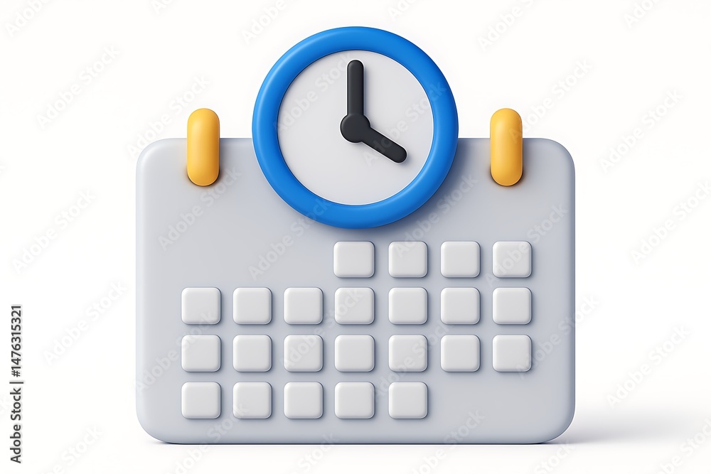 Poster 3d rendered calendar with clock icon illustrating time and date management for scheduling concepts