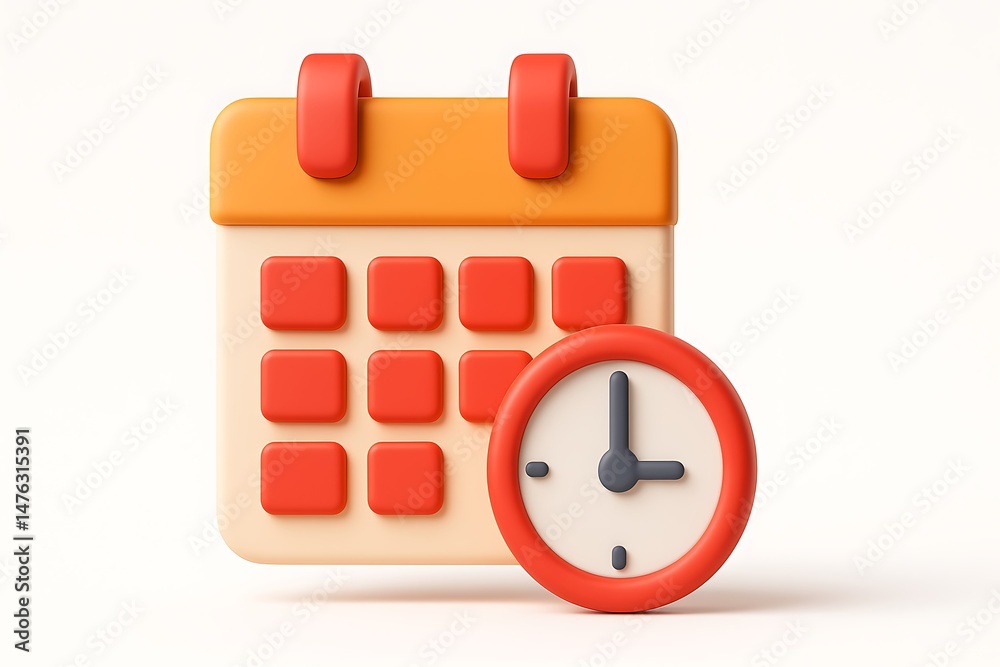 Poster 3d render of a calendar and clock representing time management and scheduling concept