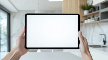 Hands Holding Tablet with Blank Screen Mockup in Modern Home hands tablet mockup holding technology