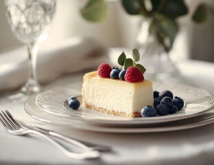 Elegant cheesecake slice with berries