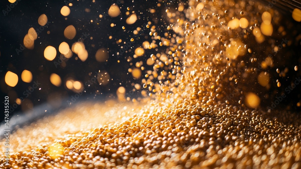 Aufkleber Golden particles falling and accumulating on a dark background, creating a dynamic and luxurious effect.