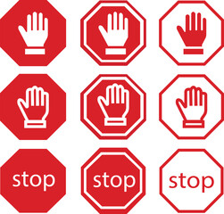 Stop signs with hand red flat and outline icons set. No entry and trespassing symbol. Attention, warning, danger and safety concept. Road sign vectors illustration isolated on transparent background.