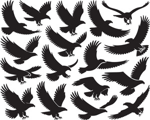 Obraz premium Eagle silhouettes in flight on white background, flying bird clipart, wildlife logo elements, raptor icons for tattoos, vector design for nature prints, educational materials, and branding