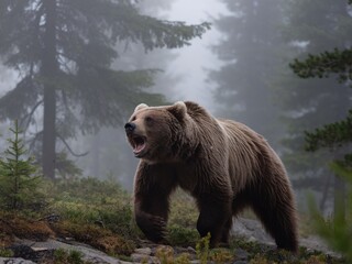 Obraz premium A majestic brown bear roars in a foggy forest, surrounded by lush greenery and tall trees.