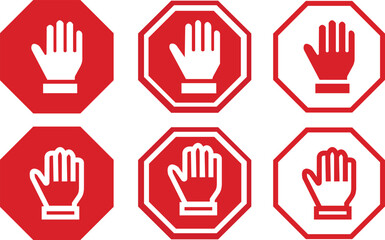 Stop signs with hand red flat and outline icons set. No entry and trespassing symbol. Attention, warning, danger and safety concept. Road sign vectors illustration isolated on transparent background.