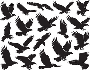 Obraz premium Eagle silhouettes in flight on white background, flying bird clipart, wildlife logo elements, raptor icons for tattoos, vector design for nature prints, educational materials, and branding
