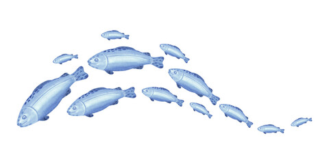 Flock of blue fish in wave shape watercolor illustration for kids design. Hand drawn isolated of cute marine swimming animal characters. Underwater ocean inhabitants in sketch style for baby textile. © susie_p_art