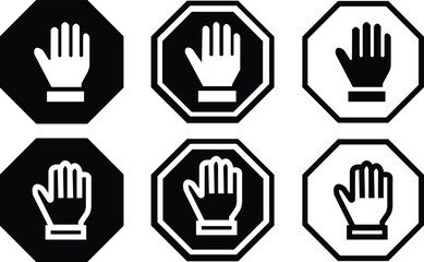 Stop sign with hand black flat and outline icons set. No entry and trespassing symbol. Attention, warning, danger and safety concept. Road sign vectors illustration isolated on transparent background.