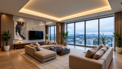 Fototapeta premium Modern luxury living room with large windows and city skyline view