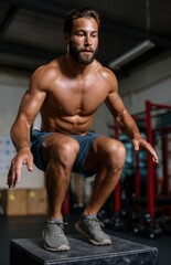 Obraz premium Determined athlete performing box jumps in gym for intense workout