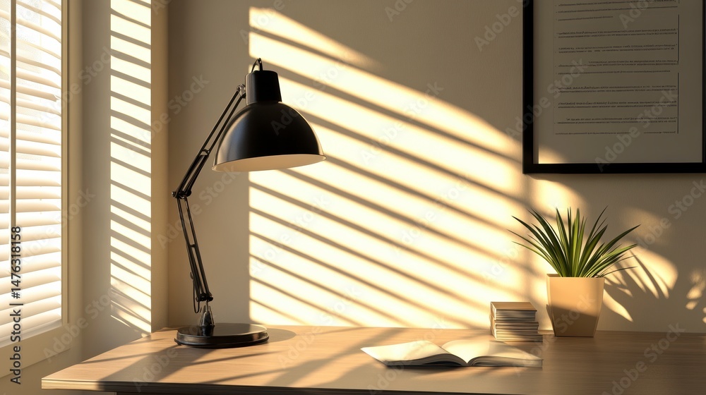 Poster sunlight streams through blinds onto a desk with a lamp, notebook, and plant.