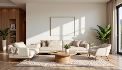 Bright and Modern Living Room with Cozy Sofa, Minimalist Aesthetics, and Natural Light Inviting Atmosphere