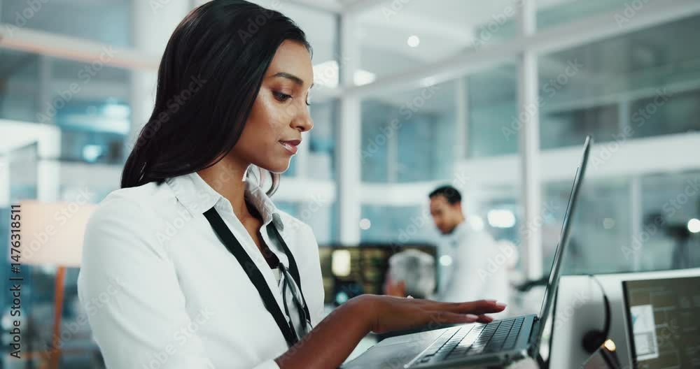 Poster laptop, business woman and typing in call center for software solution, help desk or contact us. it 