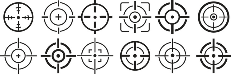Obraz premium Target destination icons set. Aim sniper vectors. Focus cursor bull eye mark. Gun sight Crosshair. Sniper rifle target illustration collection. Marketing aim design isolated on transparent background.