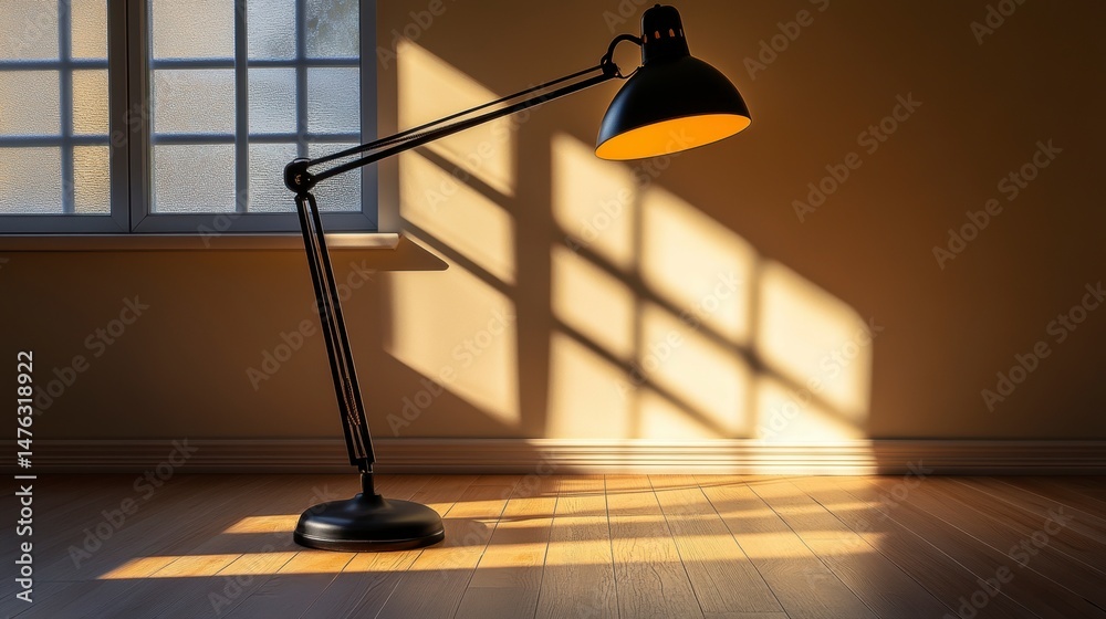 Poster black gooseneck desk lamp illuminates a room with sunlight streaming through a window.