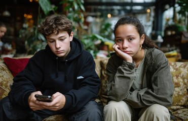 Obraz premium Teenage couple sitting on sofa, boy using smartphone and ignoring bored girl