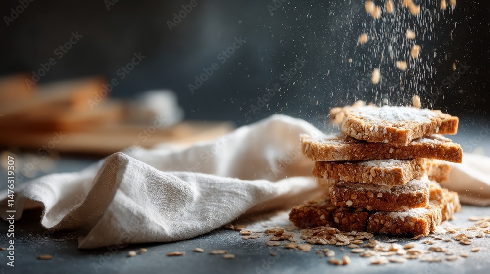 Poster thick slices of whole grain bread are casually stacked on a linen-draped surface, while flour dust f