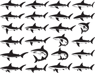 Shark Silhouette Collection in Various Poses for Marine Designs, Logo Templates, Educational Materials, Ocean-Themed Crafts, T-Shirts, Wall Art, Infographics, Stickers, 

