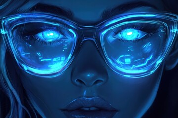 Close-up portrait of a woman wearing futuristic glasses.