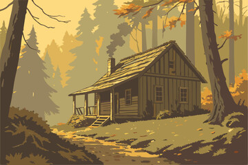 37 detailed wooden hut surrounded by moss and fallen autumn leaves, in a dense forest with warm, glowing lighting, highly detailed, realistic, cinematic, award winning photography