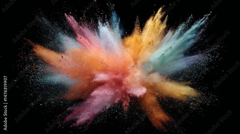 Aufkleber a cloud of colored powder bursts into the air, creating a vibrant display of fine particles suspende