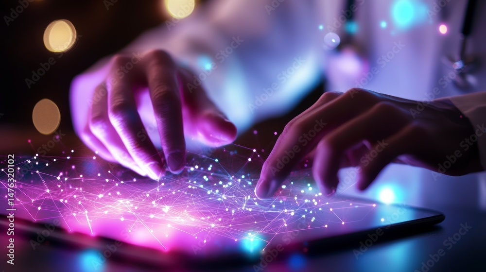 Poster Close-up of hands using a tablet with digital network connections.