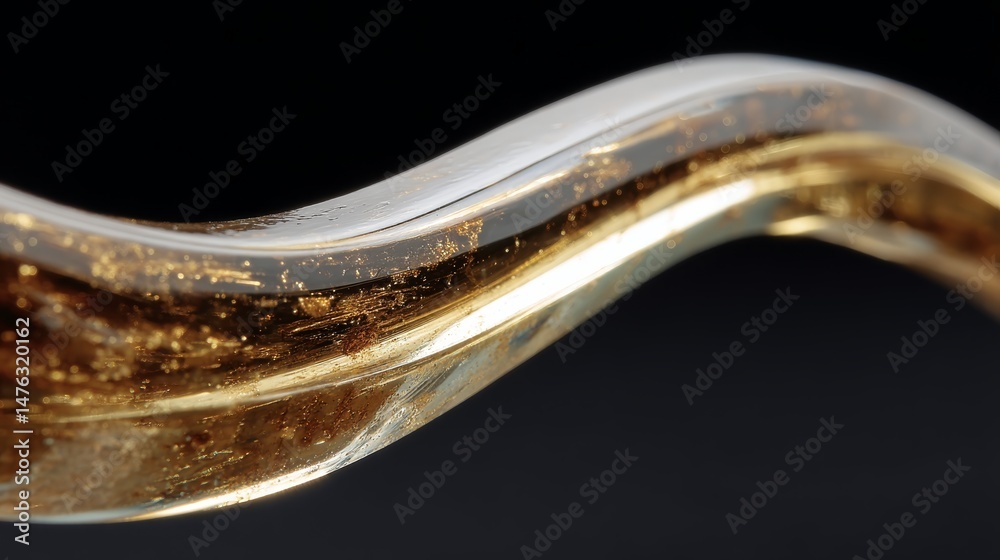 Poster close-up view of decorative glass featuring golden dust particles, softly illuminated to enhance the