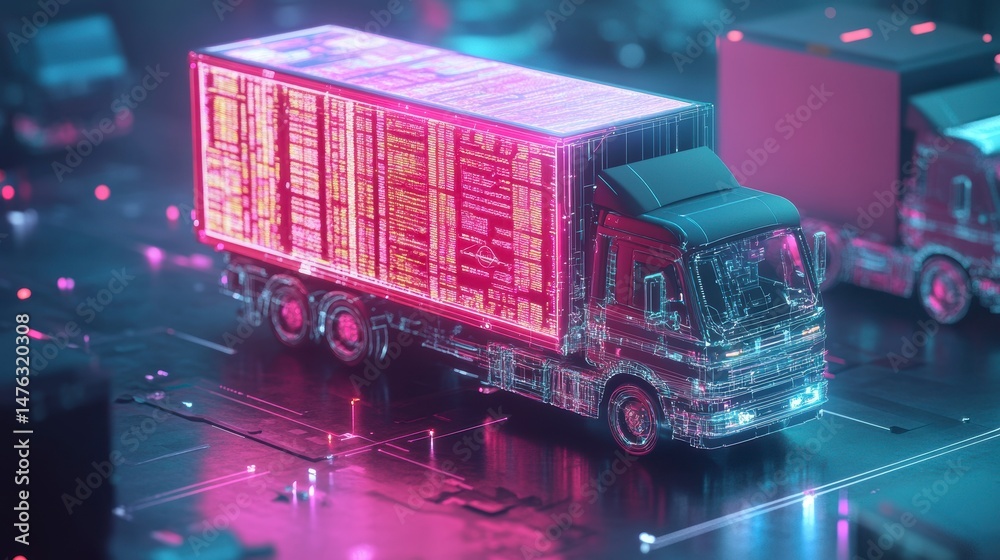 Poster futuristic transparent semi-truck with digital display on a circuit board background.