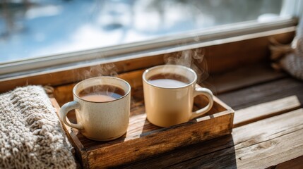Fototapeta premium Two steaming tea mugs rest on a wooden tray beside a warm fire, with soft autumn light filtering through the window, creating a cozy atmosphere