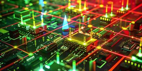 Fototapeta premium Vibrant illuminated circuit board with colorful lights and geometric shapes with background