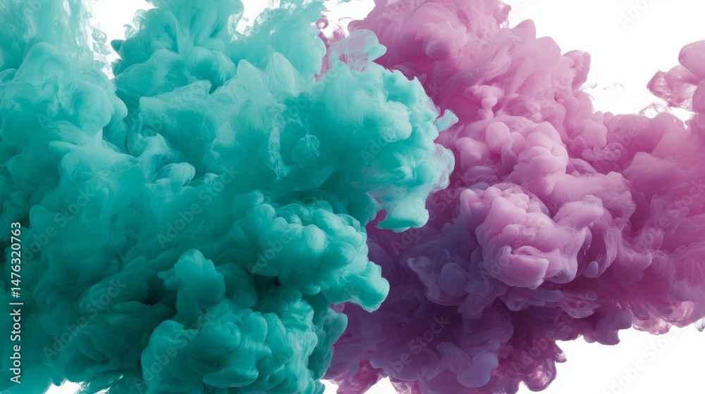 Poster Turquoise and magenta ink clouds swirl dynamically in clear water, merging to create an abstract, colorful visual ideal for artistic backgrounds