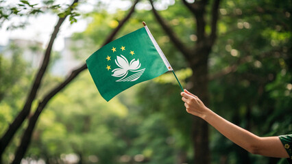 Macau Flag Waving in a Lush Green Park A Symbol of Pride and Heritage