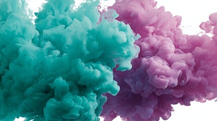 Fototapeta premium Turquoise and magenta ink clouds swirl dynamically in clear water, merging to create an abstract, colorful visual ideal for artistic backgrounds