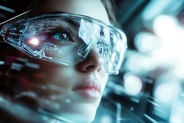 Close-up view of a woman wearing futuristic glasses.