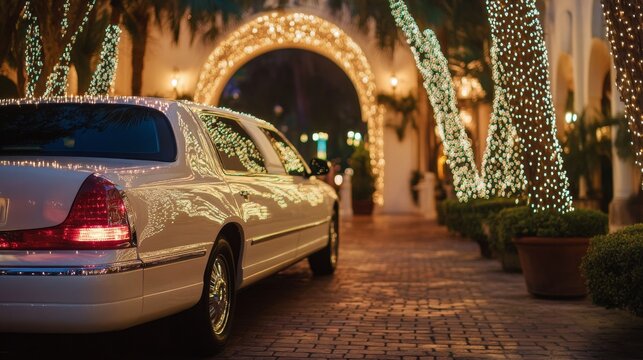 Elegant Limo Decorated with Festive Lights at Night
