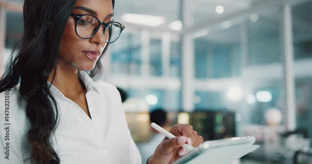 Poster Woman, tablet and programmer with pen in office for software development or network at night. Online, coding and app developer with ai design, test or writing report for quality assurance on deadline