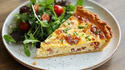 A slice of quiche served with a side salad on a white plate.