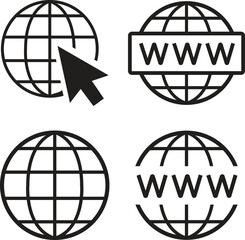 World globe icons set. Earth globe sign in circle form. Linear striped spheres, earth latitude and longitude line grid collection for website design, logo, app, ui isolated on transparent background.
