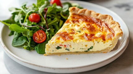 A slice of quiche served with a side salad on a white plate.