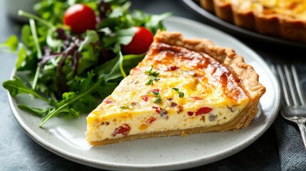 A slice of quiche served with a side salad on a white plate.