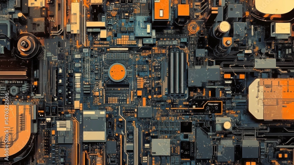Aufkleber Abstract technological background with circuit board texture in orange and dark tones.