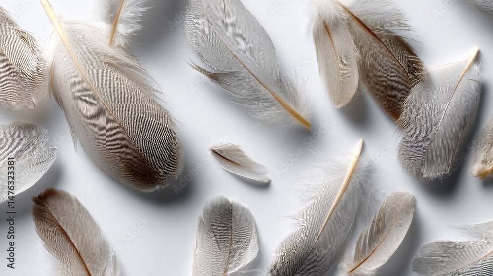Aufkleber Soft dove feathers lie scattered on a clean white surface, displaying subtle textures and a serene atmosphere perfect for minimalist design concepts