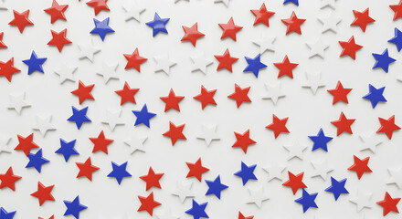 A bunch of small, bright red, blue, and white stars are scattered all over a white background. They're mostly hanging out at the top, but some are scattered around the middle and bottom