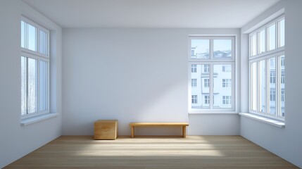 Bright living space with minimalist furniture and natural light / Serene simplicity in modern home design